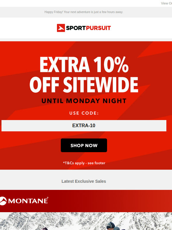 Extra 10% Off Sitewide Plus + Up to 85% Off: Montane | Veho | Trending Golf | Chatham  | Suunto