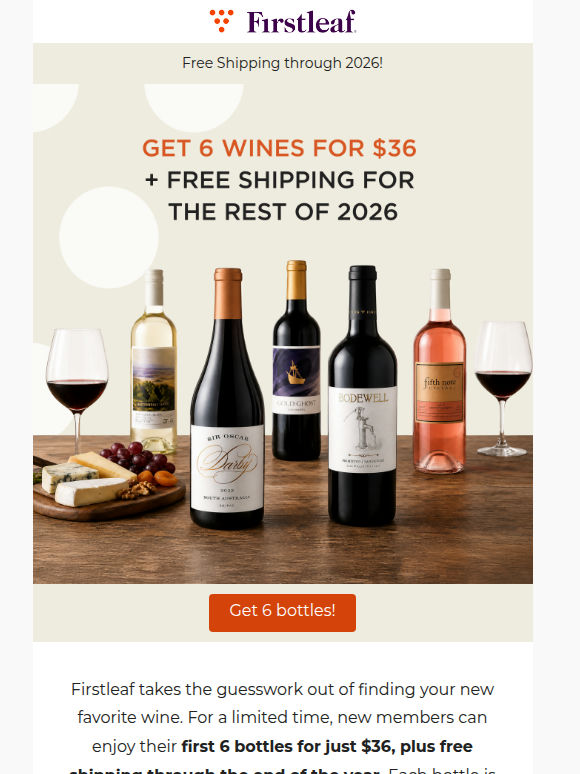5 months of free shipping & 6 award-winning wines for just $36 🍷