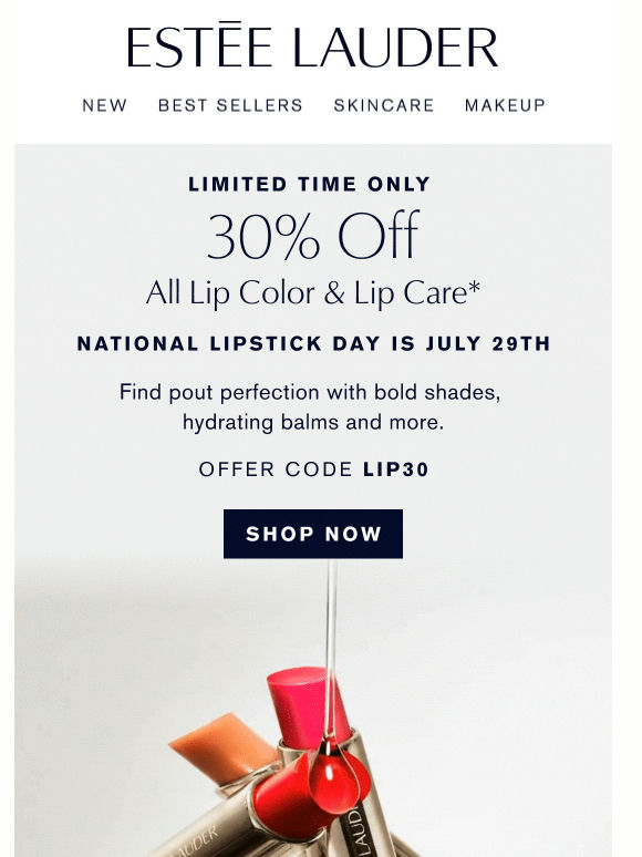 Starting Now 💄 30% Off Lip Color & Lip Care*
