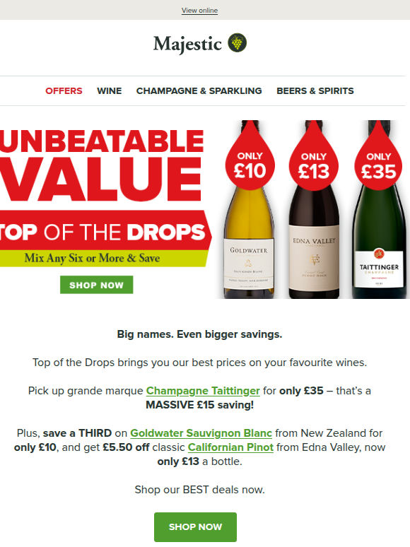 PRICE DROP! Taittinger £35, NZ Sauvignon £10, Californian Pinot £13
