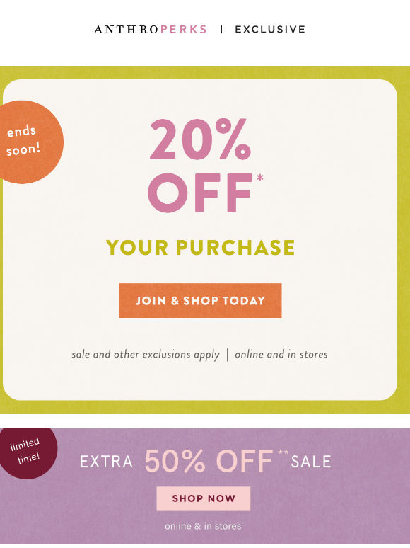 Join AnthroPerks for 20% off