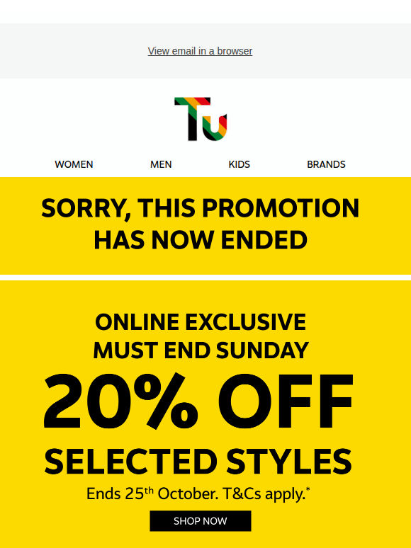 Hurry ends tomorrow: 20% off selected styles