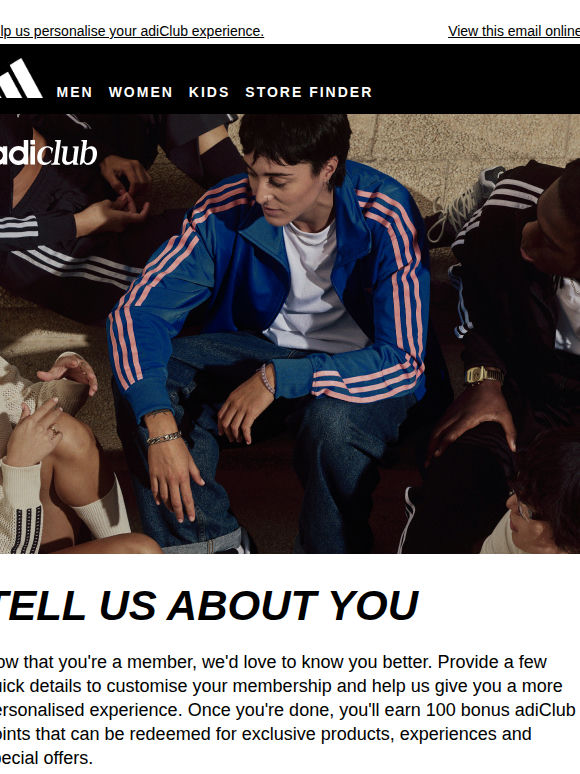 Complete your profile to earn 100 adiClub points