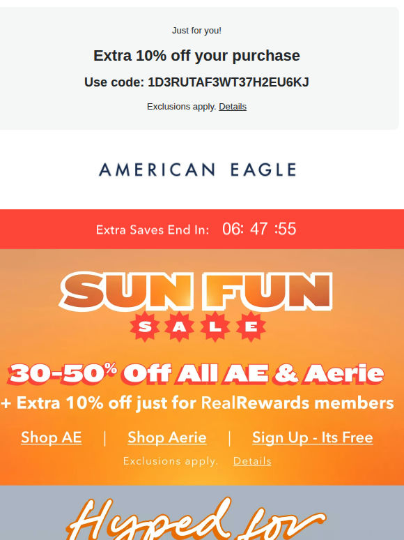 Extra 10% off AE & Aerie ends TODAY!