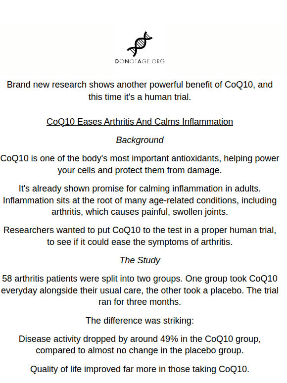 Study: CoQ10 Eases Arthritis In Human Trial