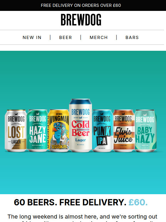 60 beers. Free Delivery. Only £60.