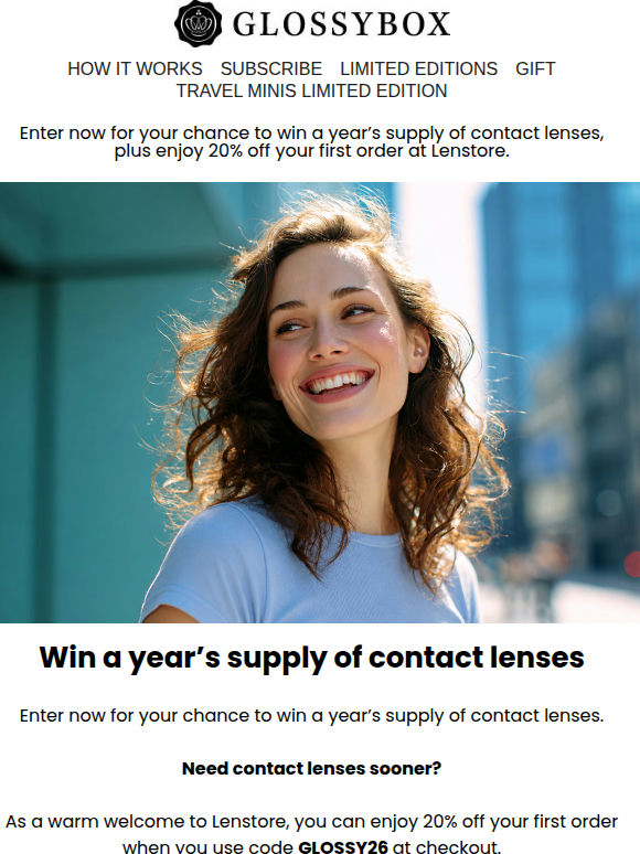 Win a year of contacts + 20% off your first order