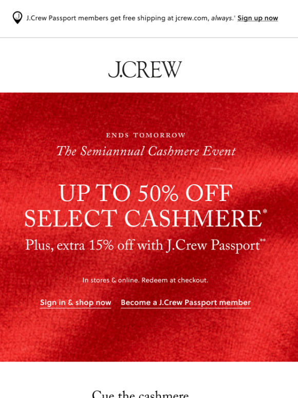 Ends tomorrow: up to 50% off select cashmere