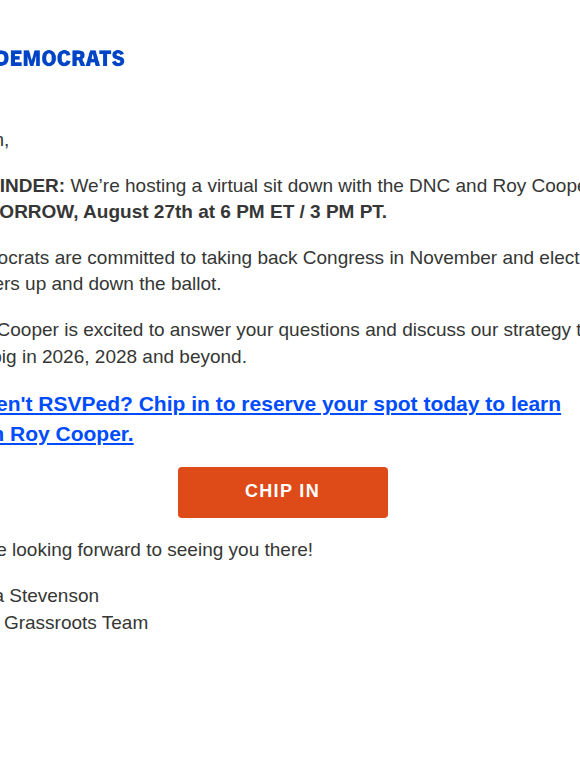 REMINDER: Join us for a virtual sit down with Roy Cooper