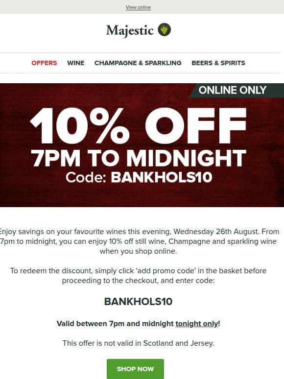 Tonight only: Enjoy 10% off online purchases from 7pm