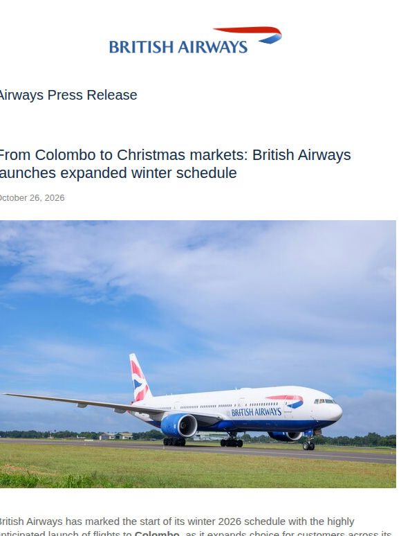 FROM COLOMBO TO CHRISTMAS MARKETS: BRITISH AIRWAYS LAUNCHES EXPANDED WINTER SCHEDULE