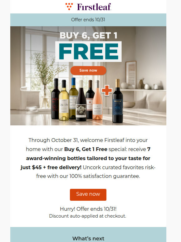 Free bottle with your first order of 6 wines for $45 + free delivery.