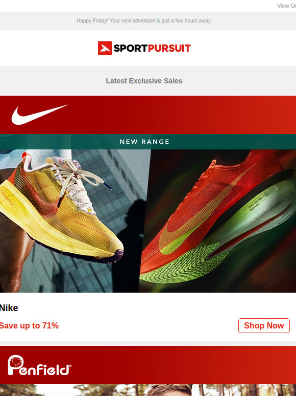 Up to 71% Off: Nike | Penfield Pullovers | Sherpa | Lowe Alpine | Lacoste Polos