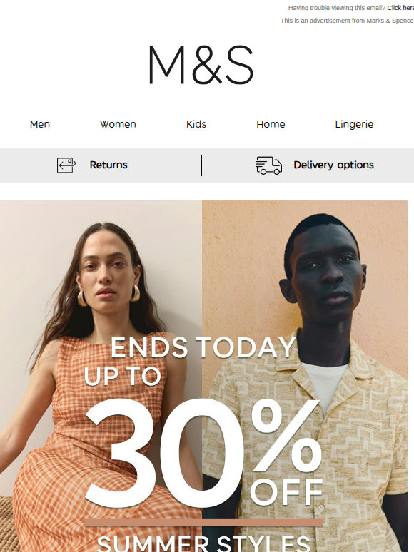 Ends today: up to 30% off summer styles