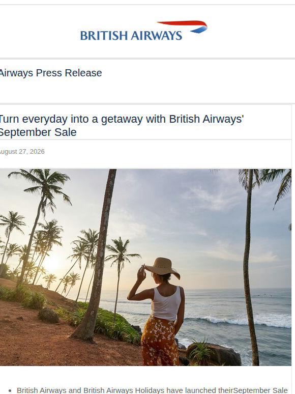 TURN EVERYDAY INTO A GETAWAY WITH BRITISH AIRWAYS' SEPTEMBER SALE