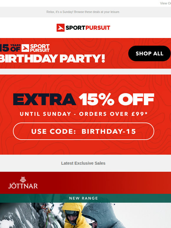 15% OFF for 15 Years of Sportpursuit -  Up to 88% Off: Jöttnar - New Range | Kari Traa | Eastpak | TOMS | Nike Womens Running and Fitness