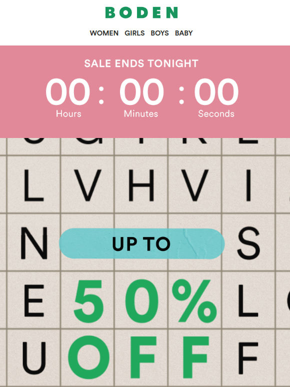 SALE ENDS MIDNIGHT: up to 50% off + an extra 15%