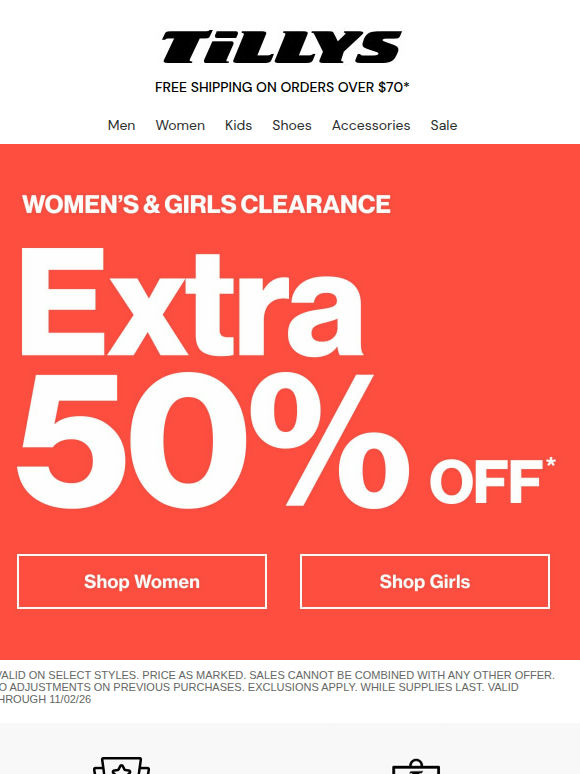 EXTRA 50% Off Women's & Girls Clearance!