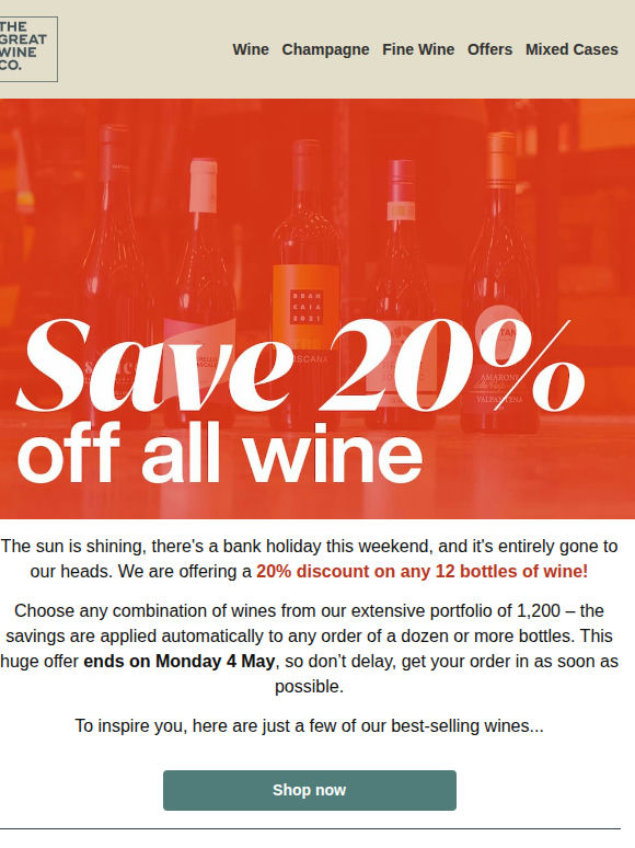 Save 20% off all wine