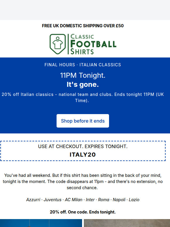 Last chance. 20% off Italian Classics ends 11pm TONIGHT 🚨