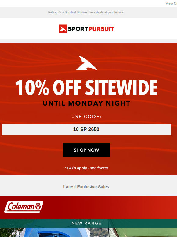 Up to 74% Off: Coleman - New Range | Fjern Apparel | Hydro Flask | Top Brand Running Shoes | Holiday-Ready Luggage