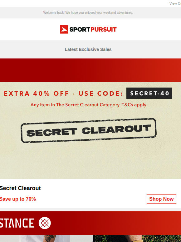 Up to 79% Off: Secret Clearout | STANCE Apparel | Craghoppers | Underwear Essentials | Sweet Protection Snow
