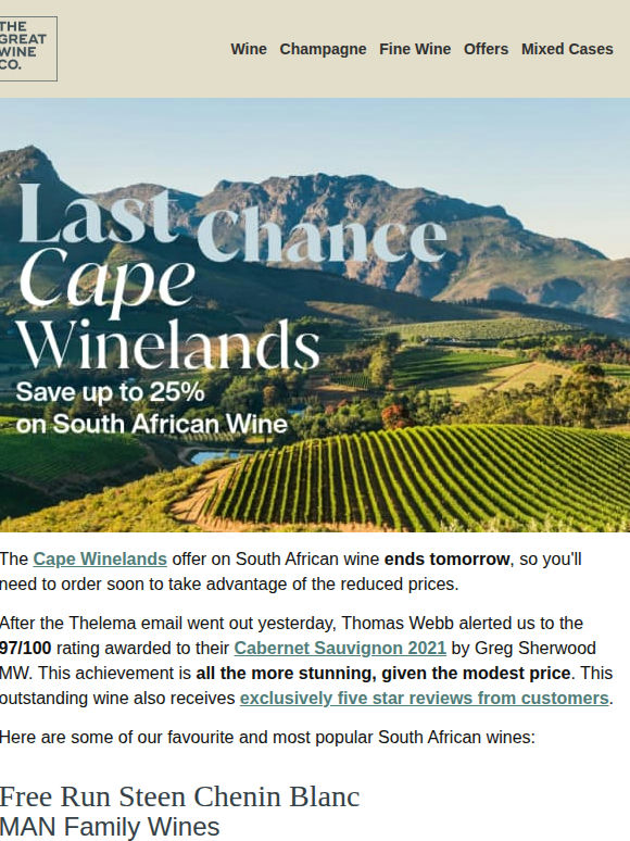 Ends tomorrow:  Save on South African wine