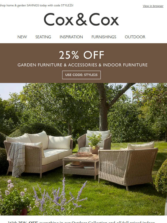 Take 25% OFF everything outdoor + all indoor furniture!