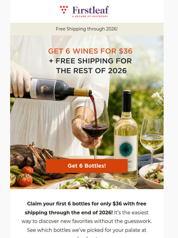 Free shipping for the year, plus 6 wines for $36!