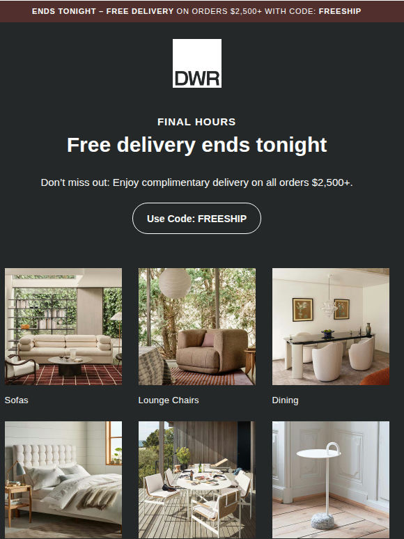 Final hours: 25% off + free delivery on orders $2,500+