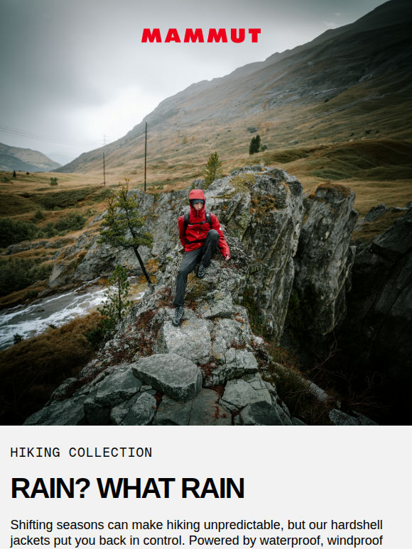 Stay dry with waterproof hardshell jackets. ⛈️