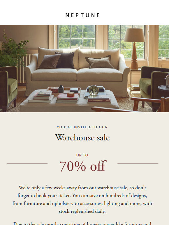You're invited to our warehouse sale