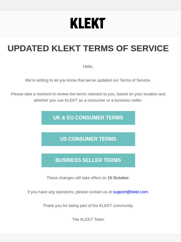 Updated KLEKT Terms of Service – Effective 15 October