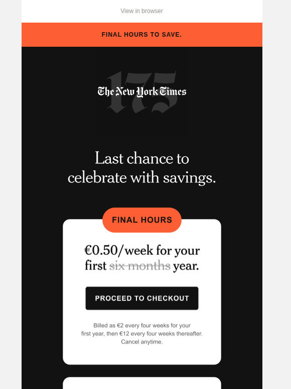 Final hours. Save on it all: €0.50 a week.