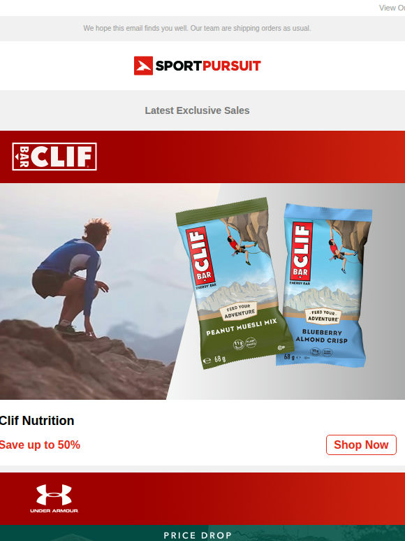 Clif Nutrition | Under Armour - Price Drop | Natural Park Apparel | Crew Clothing Pullovers & Hoodies | Smartwool Socks | Up to 72% Off!