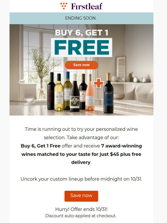 Order before its gone: free bottle with your first order of 6 wines.