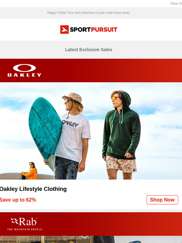 Up to 80% Off: Oakley Lifestyle Clothing | Rab Cycling | Scotch & Soda | Craghoppers | Calvin Klein & Tommy Hilfiger Apparel