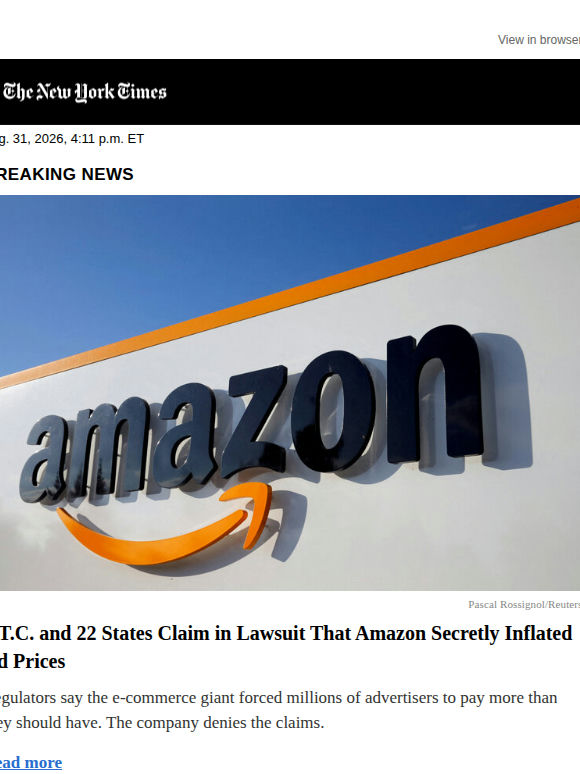 Breaking news: Amazon is sued by F.T.C. and 22 states that claim it secretly inflated ad prices