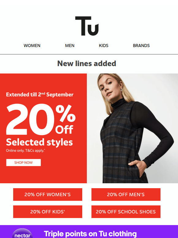 Extended till Wednesday - 20% off selected styles